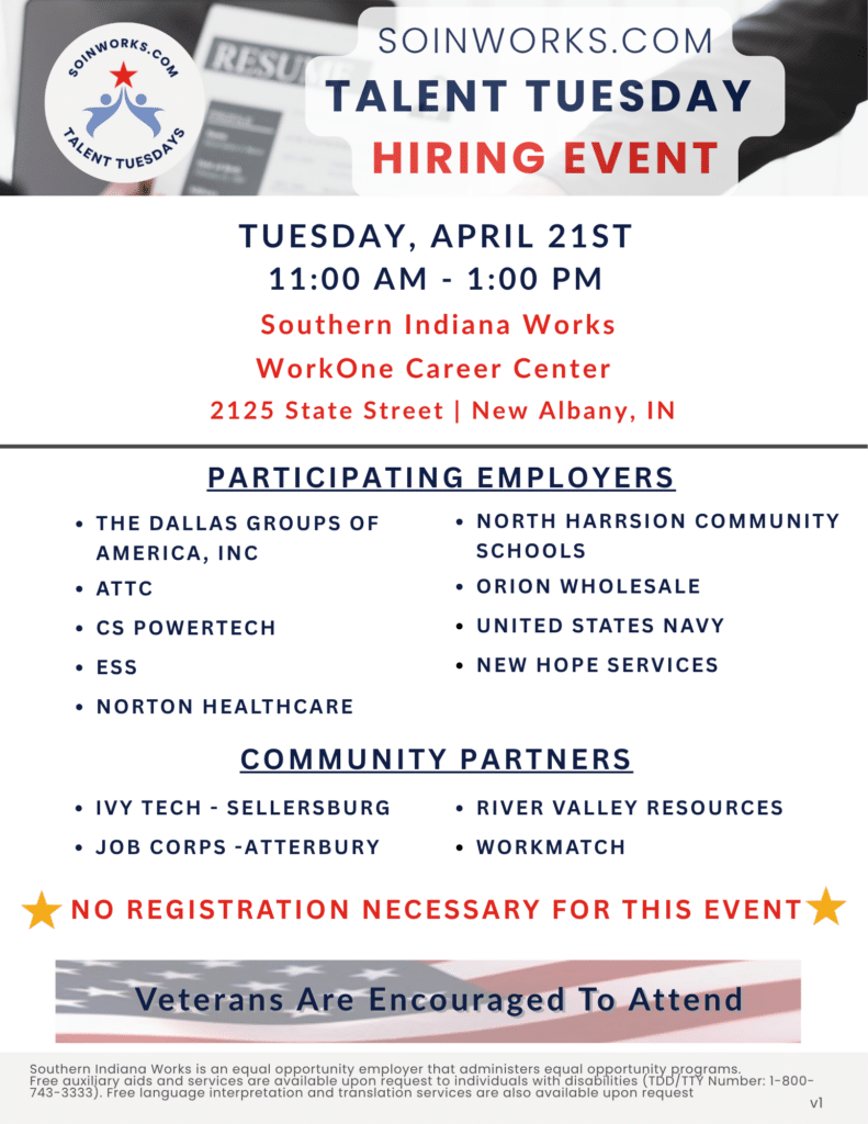 Flyer promoting Talent Tuesday Hiring Event on April 21 2026 from 11-1pm