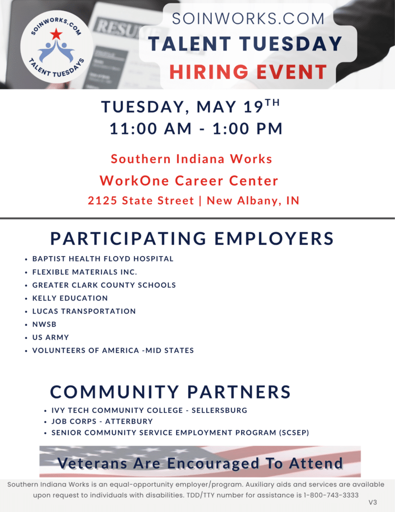 Talent Tuesday Hiring Event at WorkOne Career Center on May 19th from 11-1pm.