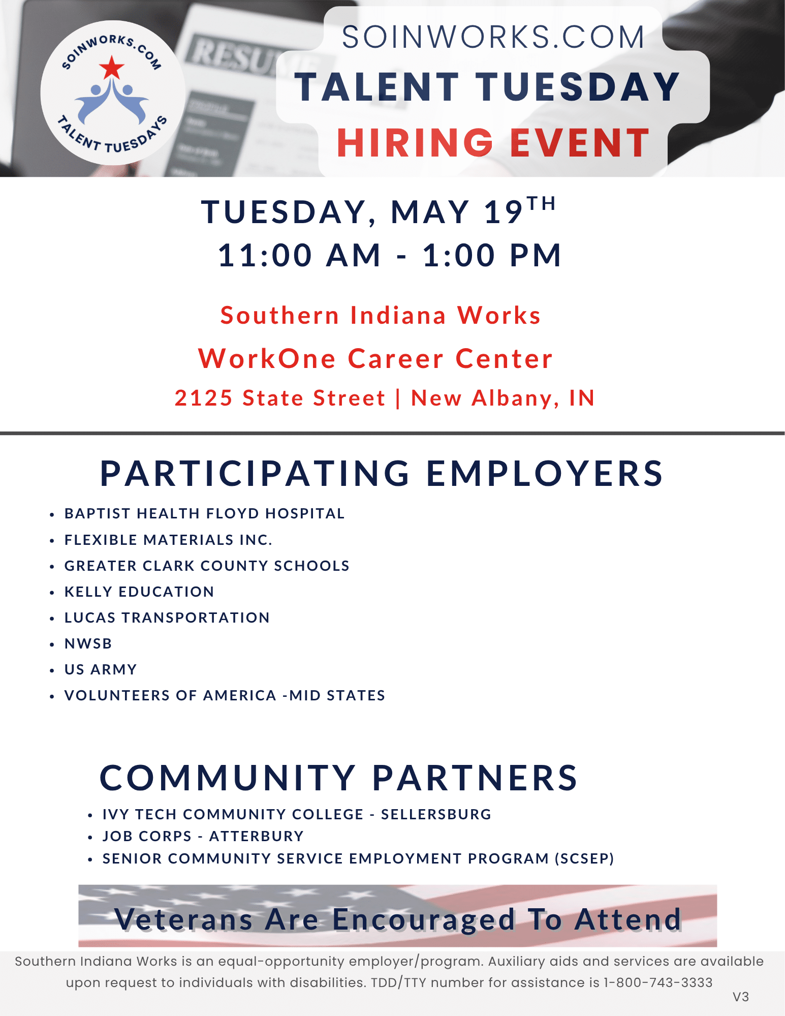 Talent Tuesday Hiring Event at WorkOne Career Center on May 19th from 11-1pm.